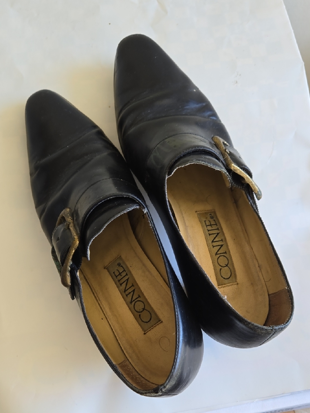 Connie Black Leather Slip-On Loafers with Buckle Accent